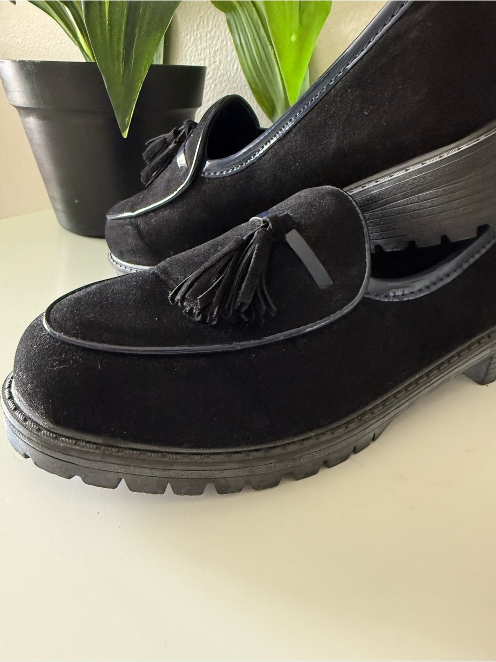 Women’s Black Tassel Loafers - Classic Suede Dress Shoes